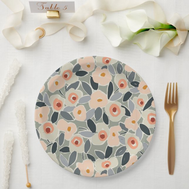 Hand-Drawn Bold Inky Floral Pattern- Sunlit Meadow Paper Plate (Wedding)