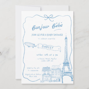 Hand Drawn Bonjour Bebe French Blue Baby Shower Invitation
