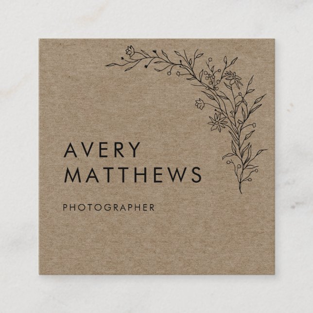 Hand drawn Botanical Greenery Minimal Rustic  Square Business Card (Front)
