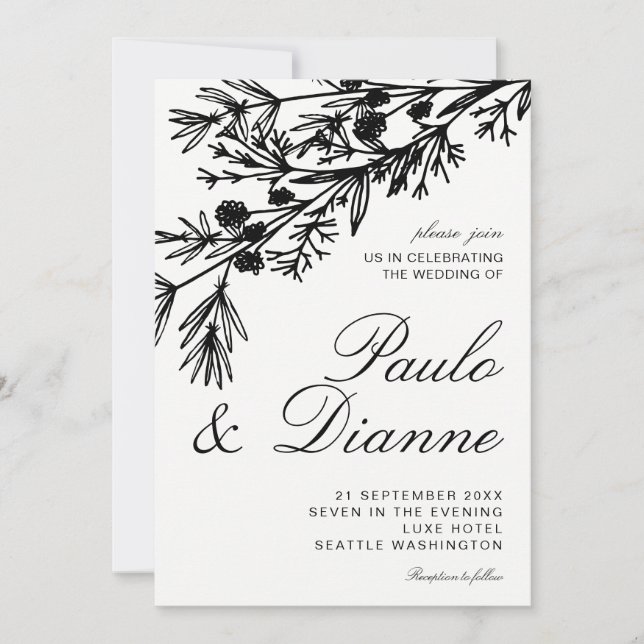 Hand Drawn Botanical Leaves Wedding Invitation (Front)