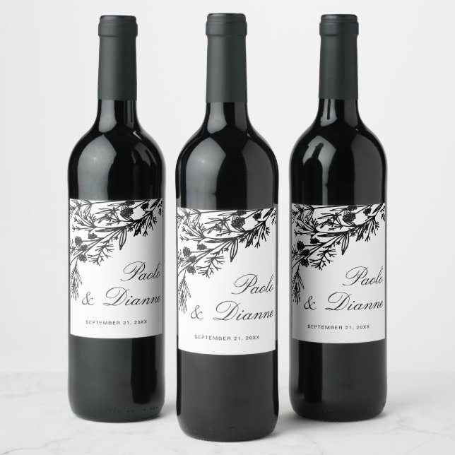 Hand Drawn Botanical Leaves Wedding Wine Label (Bottles)