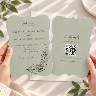 Hand Drawn Botanical Sage Green QR Wedding Invitation