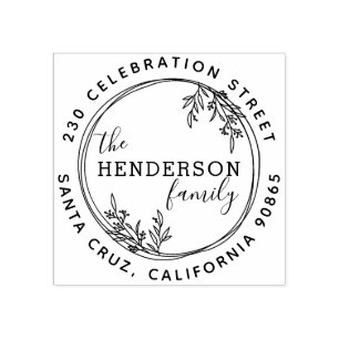 Hand Drawn Botanical Wreath Round Return Address Rubber Stamp