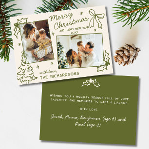 Hand Drawn Bow 2 Photo Sage Green Merry Christmas Holiday Card