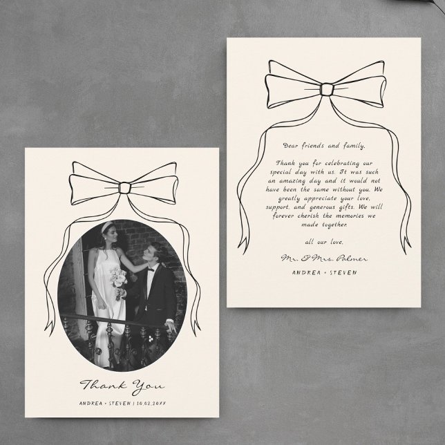 Hand Drawn Bow Black White Old Money Wedding Photo Thank You Card (Creator Uploaded)