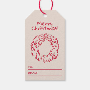 Hand Drawn Bow Christmas Wreath  Merry Christmas Gift Tags