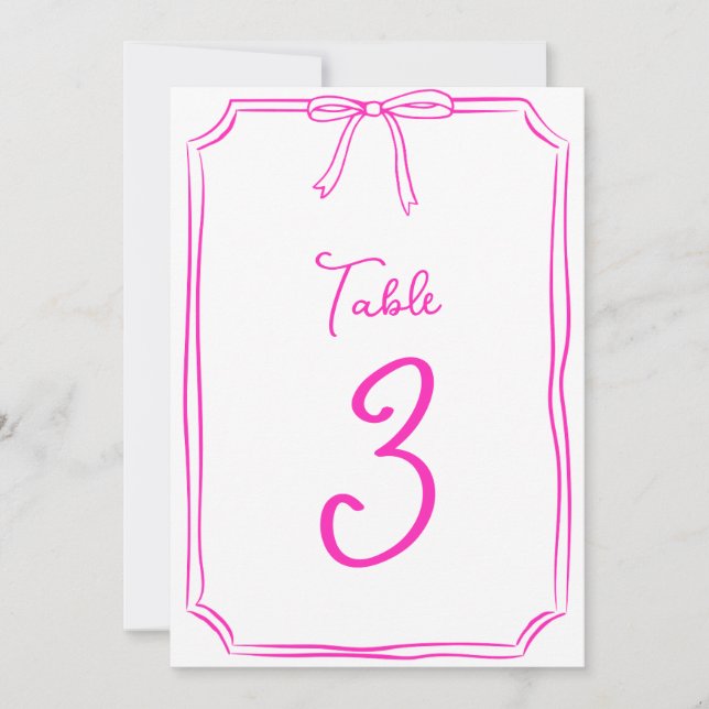 Hand Drawn Bow Coquette Hot Pink Table Number  (Front)
