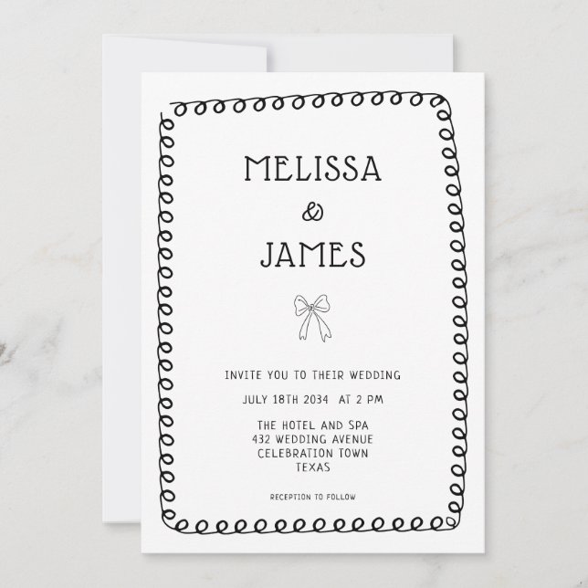 Hand Drawn Bow Doodle Whimsical Wedding Invitation (Front)
