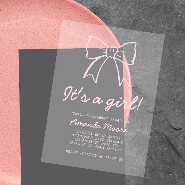 Hand Drawn Bow Elegant Script Girl Baby Shower Acrylic Invitations (Hand Drawn Bow Elegant Script Girl Baby Shower Acrylic Invitations)