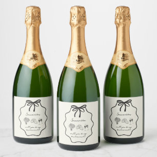 Hand Drawn Bow Floral Bridesmaid Proposal Sparkling Wine Label