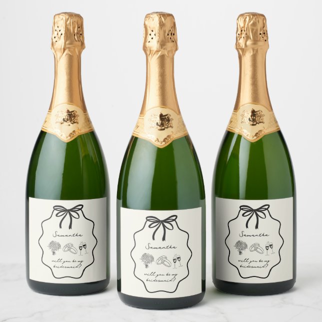 Hand Drawn Bow Floral Bridesmaid Proposal Sparkling Wine Label (Bottles)