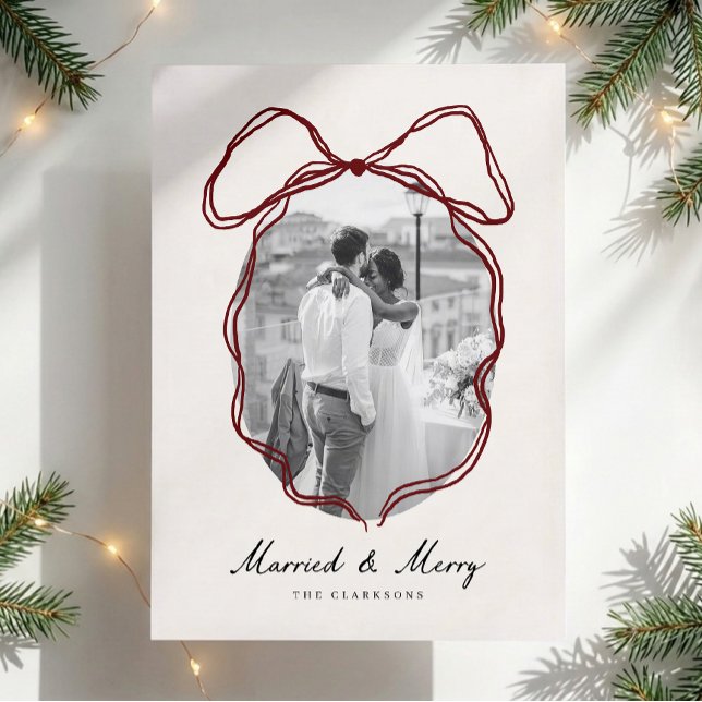 Hand-Drawn Bow Frame Newly Married Christmas Photo Invitation (Creator Uploaded)
