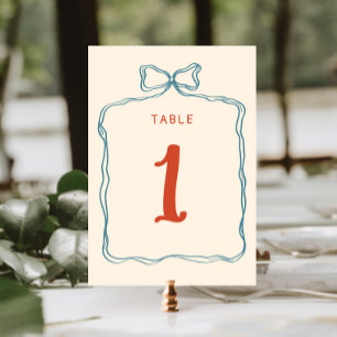 Hand Drawn Bow Frame Orange Blue Retro Wedding Table Number