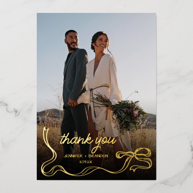 Hand drawn bow Gold Foil Thank you | Wedding Photo (Front)