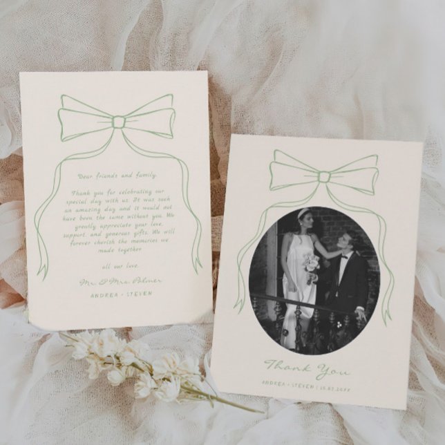 Hand Drawn Bow Green Wedding Photo Thank You Card (Creator Uploaded)