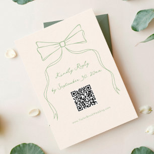 Hand Drawn Bow Green Wedding RSVP Qr Code Enclosure Card