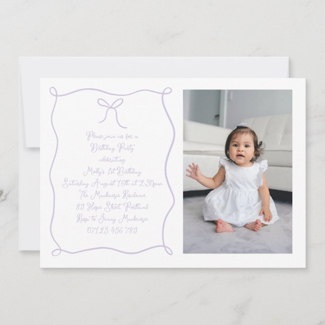 Hand Drawn Bow Photo Blush Lilac Birthday Party Invitation (Front)
