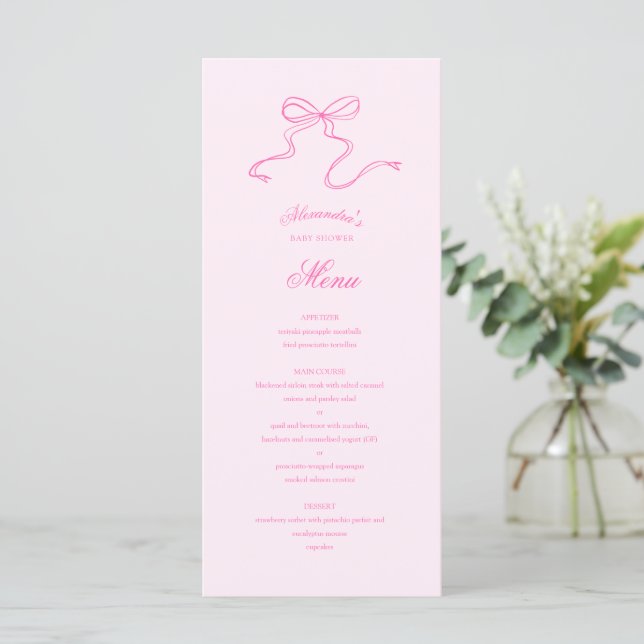 Hand drawn Bow Pink Baby Shower Menu (Standing Front)