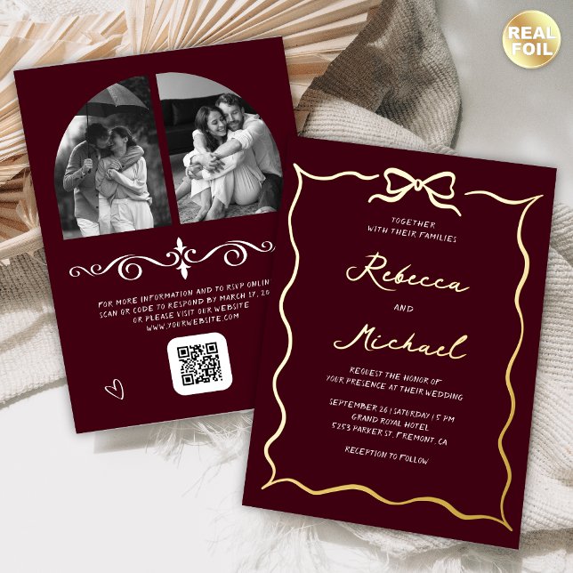 Hand Drawn Bow QR Code Photo Wedding Burgundy Gold (Creator Uploaded)