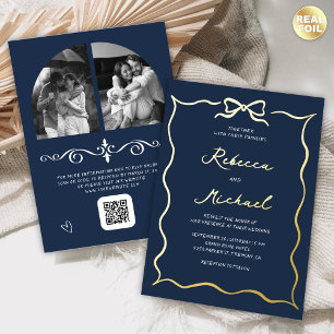 Hand Drawn Bow QR Code Photo Wedding Navy Gold