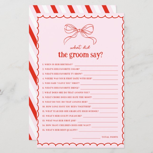 Hand Drawn Bow Red & Pink What Did the Groom Say (Front/Back)