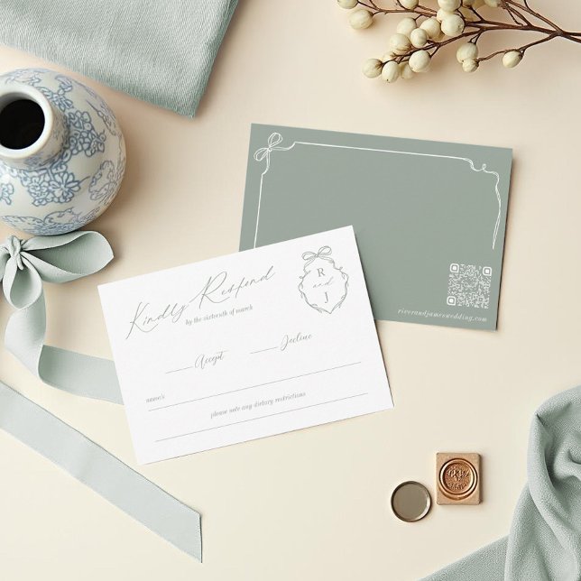 Hand Drawn Bow & Ribbon Monogram Crest Wedding RSVP Card (Hand Drawn Bow & Ribbon Monogram Crest Wedding RSVP Card)