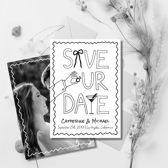 Hand Drawn Bow Ring & Wine Whimsical Photo Wedding Save The Date (Creator Uploaded)