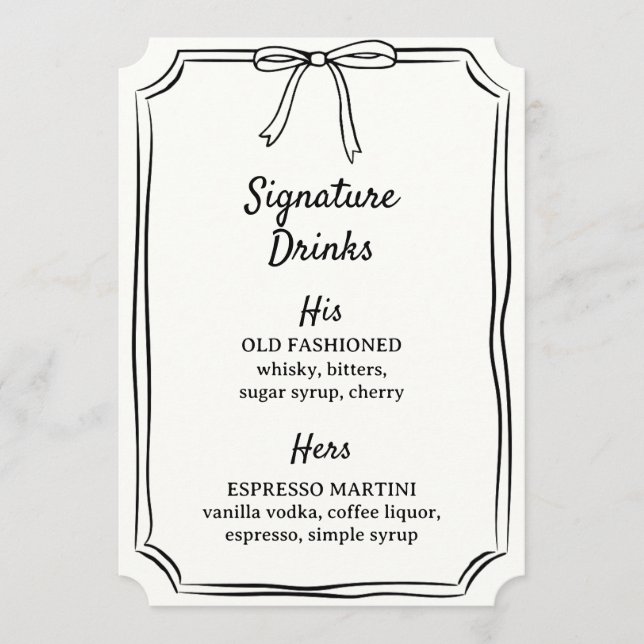 Hand Drawn Bow Signature Drinks Wedding Bar Menu (Front)
