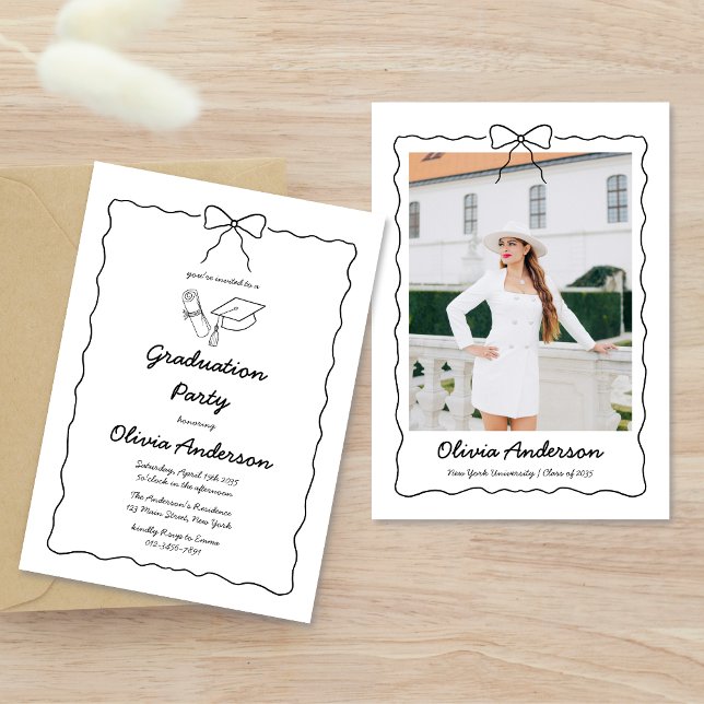 Hand-Drawn Bow & Squiggle Photo Graduation Party Invitation (Creator Uploaded)