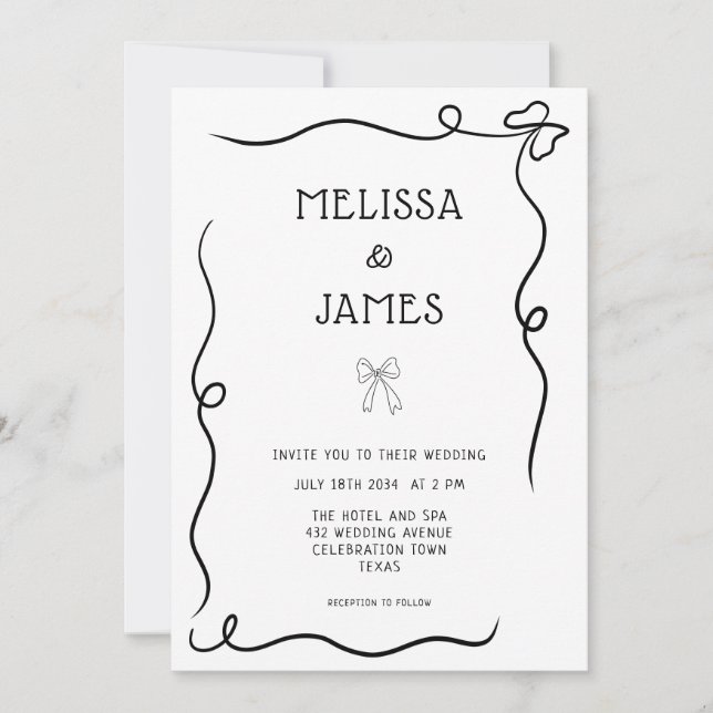 Hand Drawn Bow Whimsical Wedding Invitation (Front)