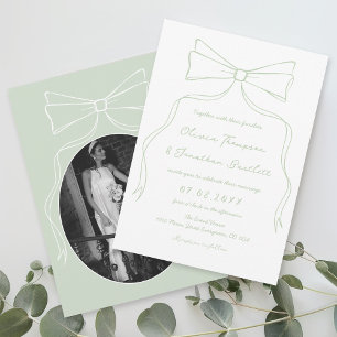 Hand Drawn Bow White and Green Wedding  Invitation