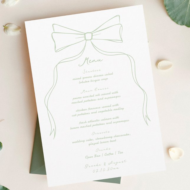 Hand Drawn Bow White and Sage Green Wedding Menu (Creator Uploaded)
