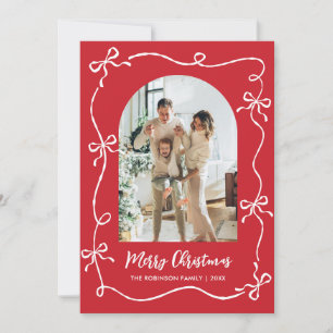 Hand Drawn Bows Arch 2 Photo Merry Christmas Red Holiday Card
