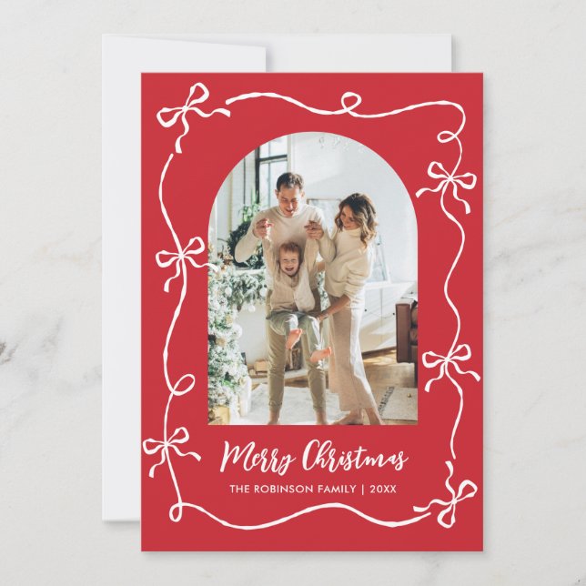 Hand Drawn Bows Arch 2 Photo Merry Christmas Red Holiday Card (Front)