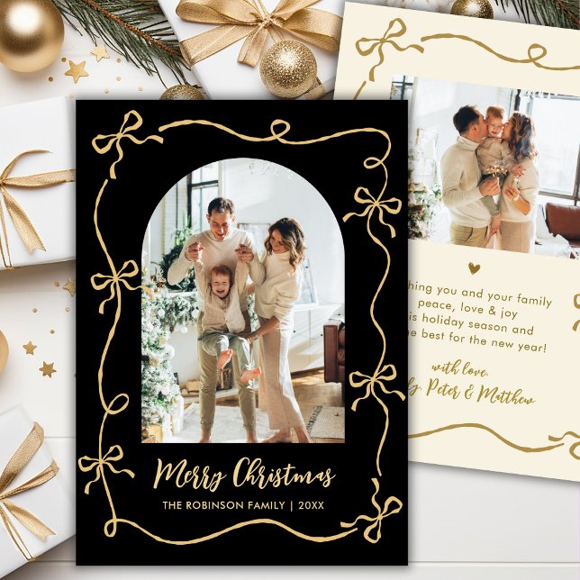 Hand Drawn Bows Arch Photo Merry Christmas Black Holiday Card (Creator Uploaded)