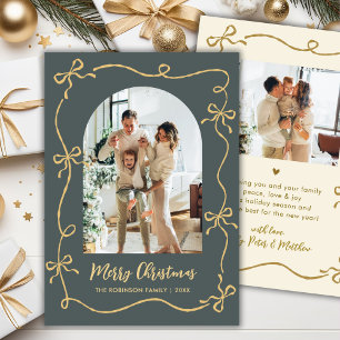 Hand Drawn Bows Arch Photo Merry Christmas Green Holiday Card
