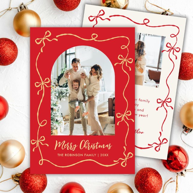 Hand Drawn Bows Arch Photo Merry Christmas Red Holiday Card (Creator Uploaded)