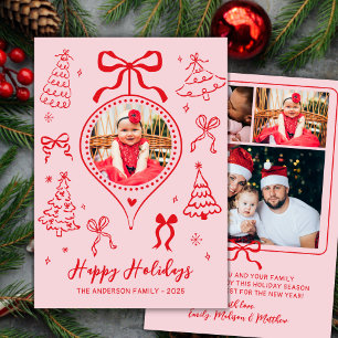Hand Drawn Bows Photo Pink and Red Christmas Happy Holiday Card