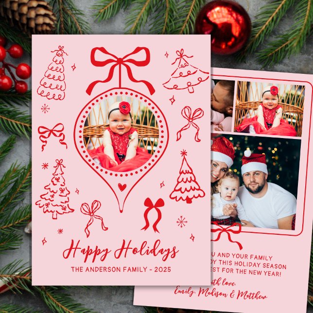 Hand Drawn Bows Photo Pink and Red Christmas Happy Holiday Card (Creator Uploaded)