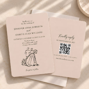 Hand Drawn Bride Groom Fashion Sketch QR Wedding Invitation