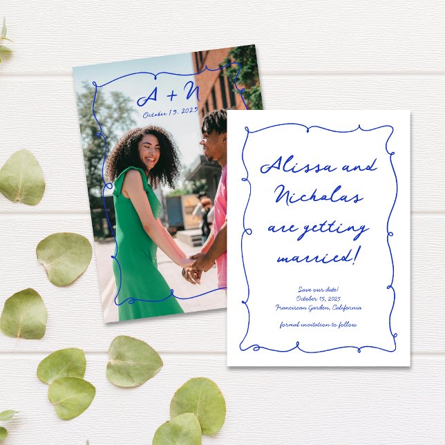 Hand Drawn Bright Blue Photo Monogram Wedding Save The Date (Creator Uploaded)