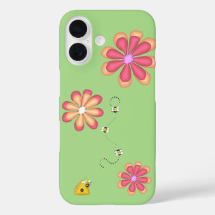 Hand Drawn Bright Colourful Flowers Bees on Lime iPhone 16 Case