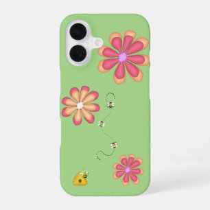 Hand Drawn Bright Colourful Flowers Bees on Lime iPhone 16 Case