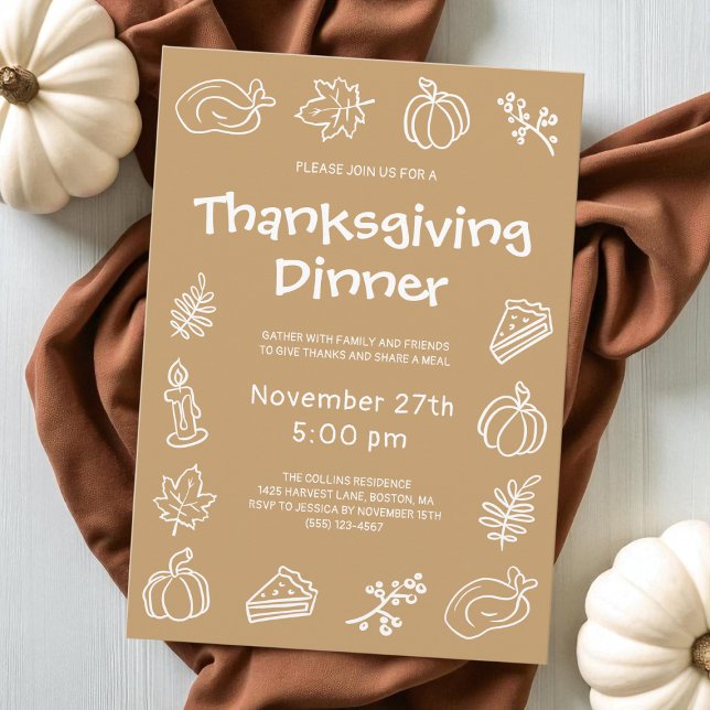 Hand Drawn Brown Whimsical Thanksgiving Dinner Invitation (Hand Drawn Brown Whimsical Thanksgiving Dinner Invitation)