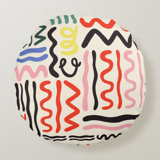 Hand drawn brush pattern, zigzags, lines and curve round cushion (Front)