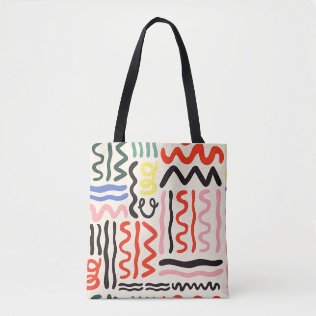 Hand drawn brush pattern, zigzags, lines and curve tote bag (Front)