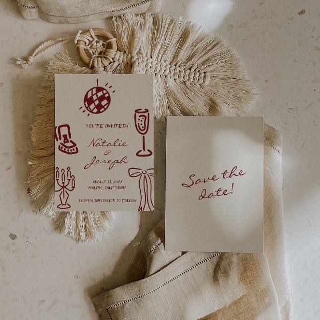 Hand Drawn Burgundy Romantic Whimsical Wedding Save The Date (Creator Uploaded)