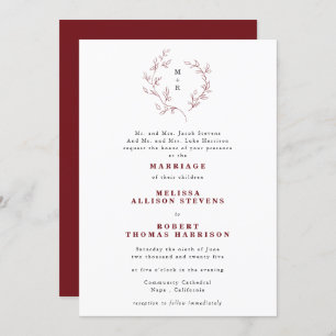 Hand Drawn Burgundy Sketch Wreath Formal Wedding Invitation
