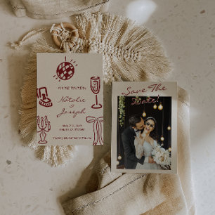 Hand Drawn Burgundy Whimsical Photo Wedding Save The Date