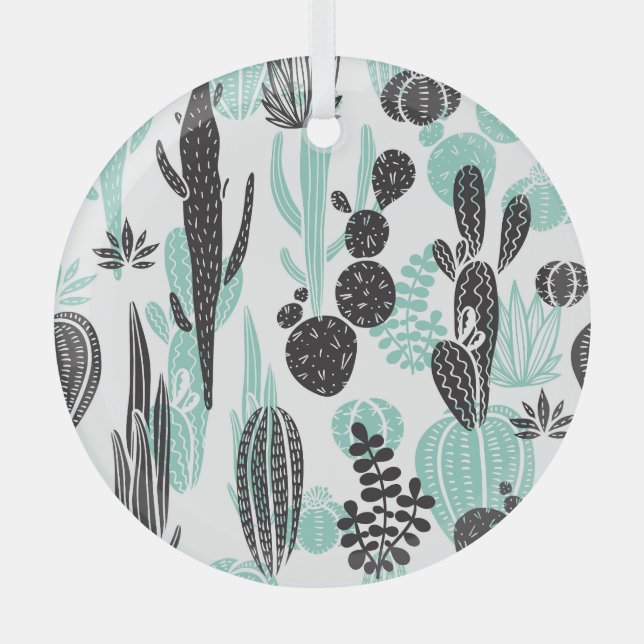 Hand Drawn Cacti: Doodle Seamless Glass Tree Decoration (Front)